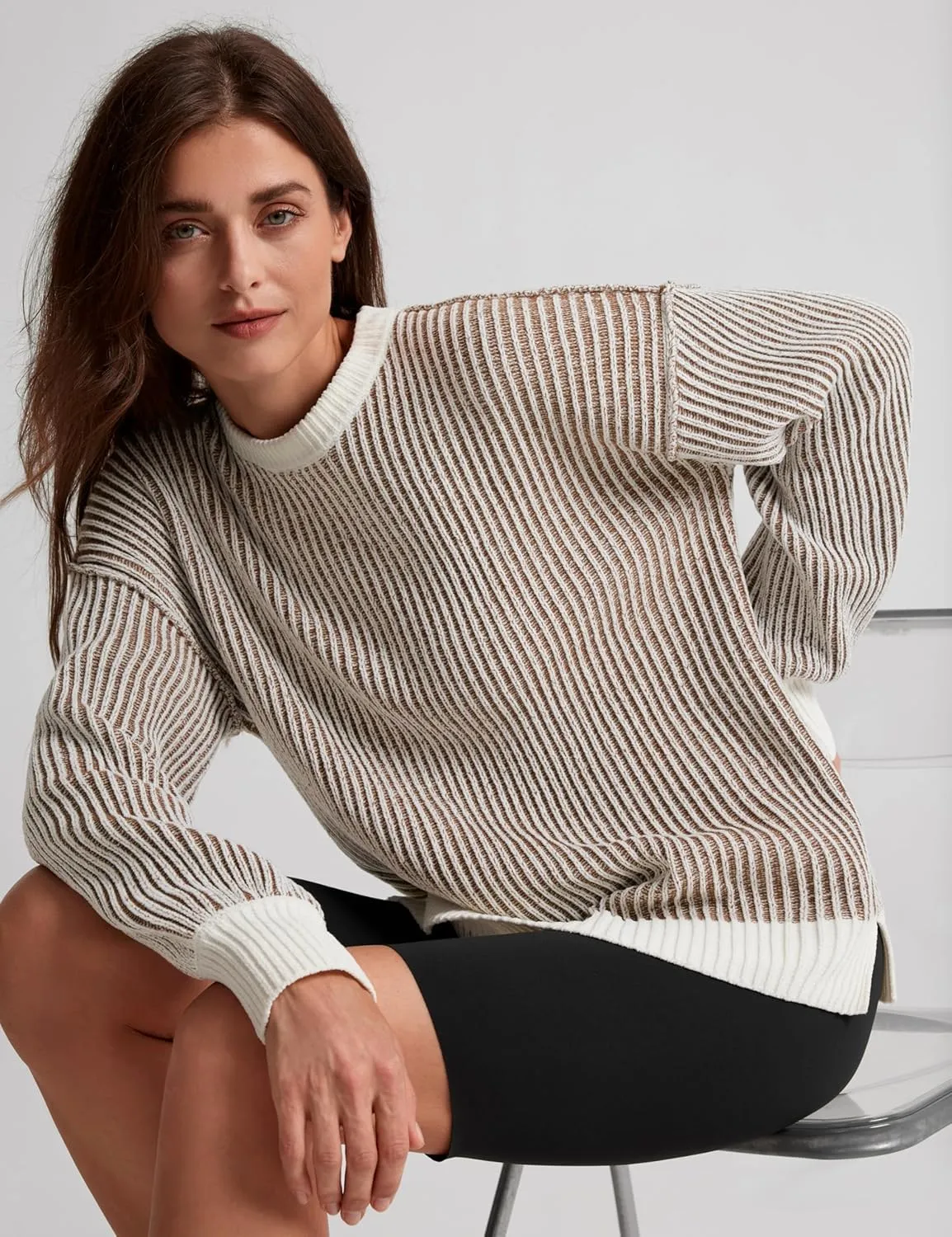Beyond Chenille Sweater for Women 2024 Winter Crew Neck Pullover Sweater Color Block Knit Tops