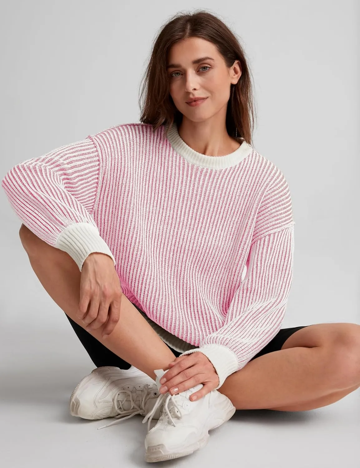 Beyond Chenille Sweater for Women 2024 Winter Crew Neck Pullover Sweater Color Block Knit Tops