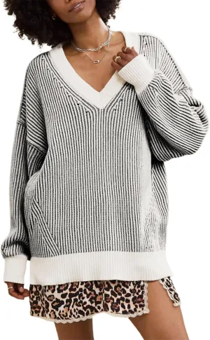 Beyond Chenille V Neck Sweater for Women 2025 Winter Long Sleeve Colorblock Striped Pullover Casual Trendy Knit Tops