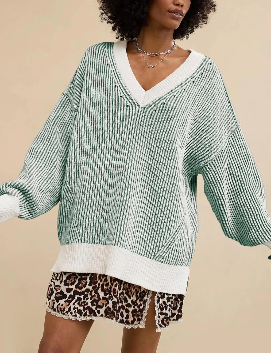Beyond Chenille V Neck Sweater for Women 2025 Winter Long Sleeve Colorblock Striped Pullover Casual Trendy Knit Tops