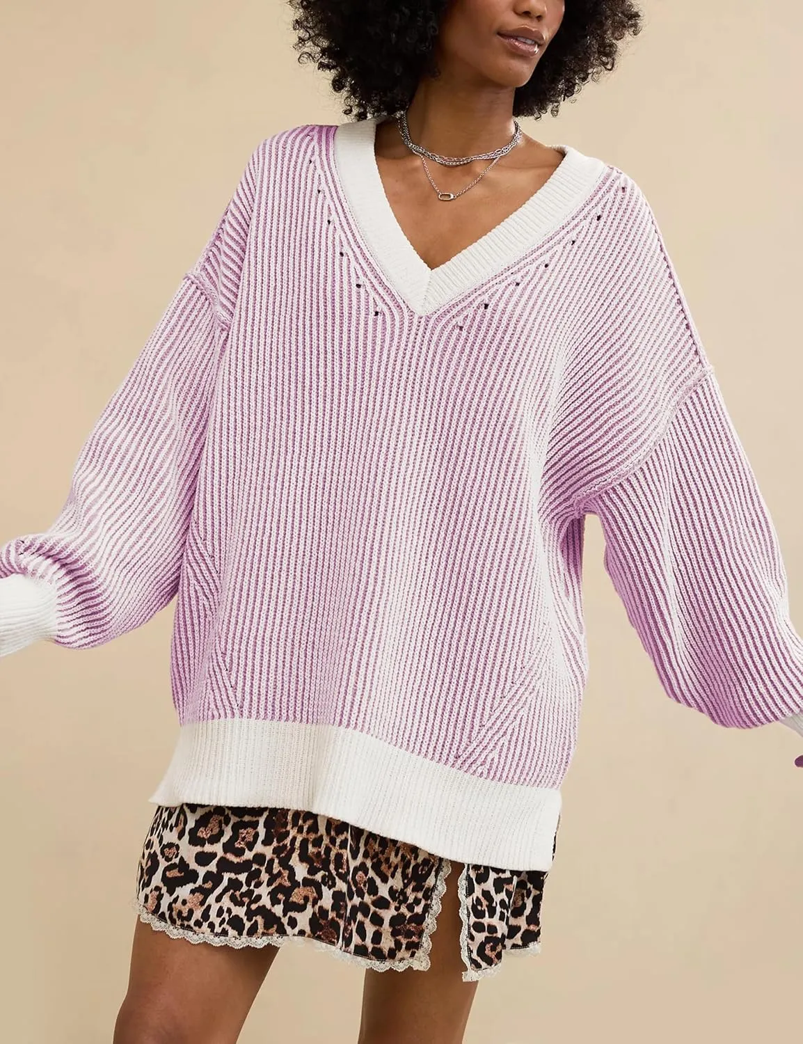 Beyond Chenille V Neck Sweater for Women 2025 Winter Long Sleeve Colorblock Striped Pullover Casual Trendy Knit Tops