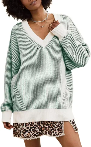 Beyond Chenille V Neck Sweater for Women 2025 Winter Long Sleeve Colorblock Striped Pullover Casual Trendy Knit Tops
