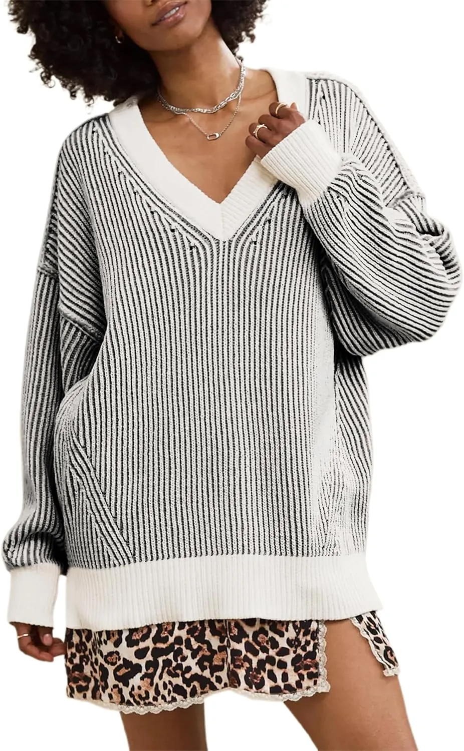 Beyond Chenille V Neck Sweater for Women 2025 Winter Long Sleeve Colorblock Striped Pullover Casual Trendy Knit Tops