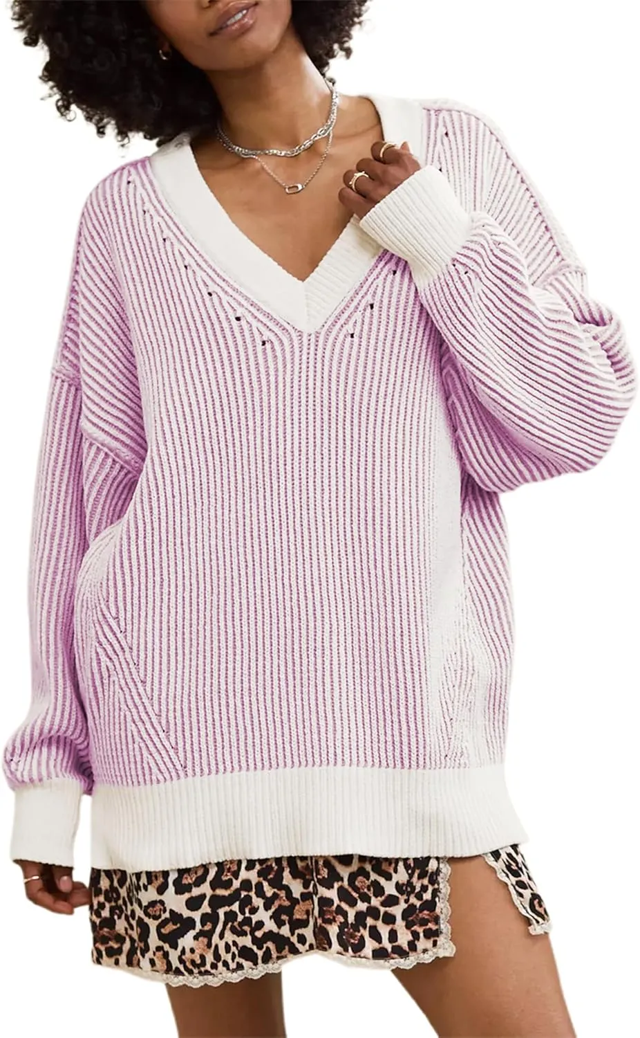 Beyond Chenille V Neck Sweater for Women 2025 Winter Long Sleeve Colorblock Striped Pullover Casual Trendy Knit Tops