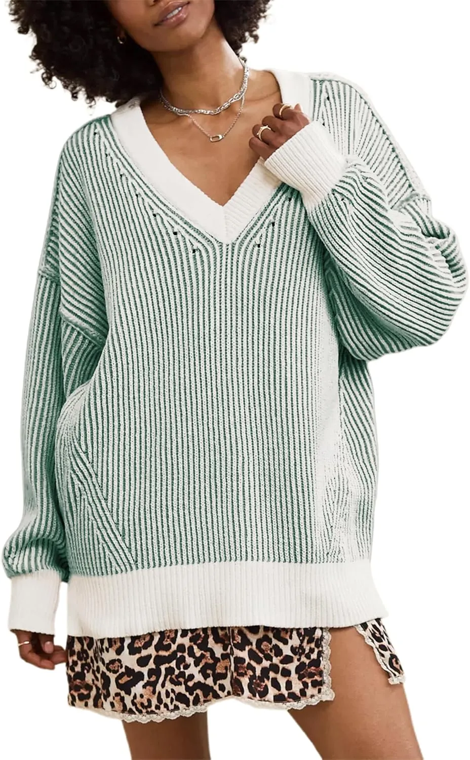Beyond Chenille V Neck Sweater for Women 2025 Winter Long Sleeve Colorblock Striped Pullover Casual Trendy Knit Tops