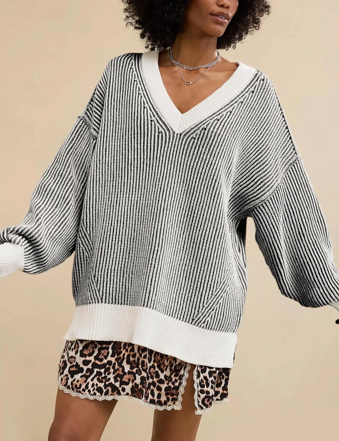 Beyond Chenille V Neck Sweater for Women 2025 Winter Long Sleeve Colorblock Striped Pullover Casual Trendy Knit Tops