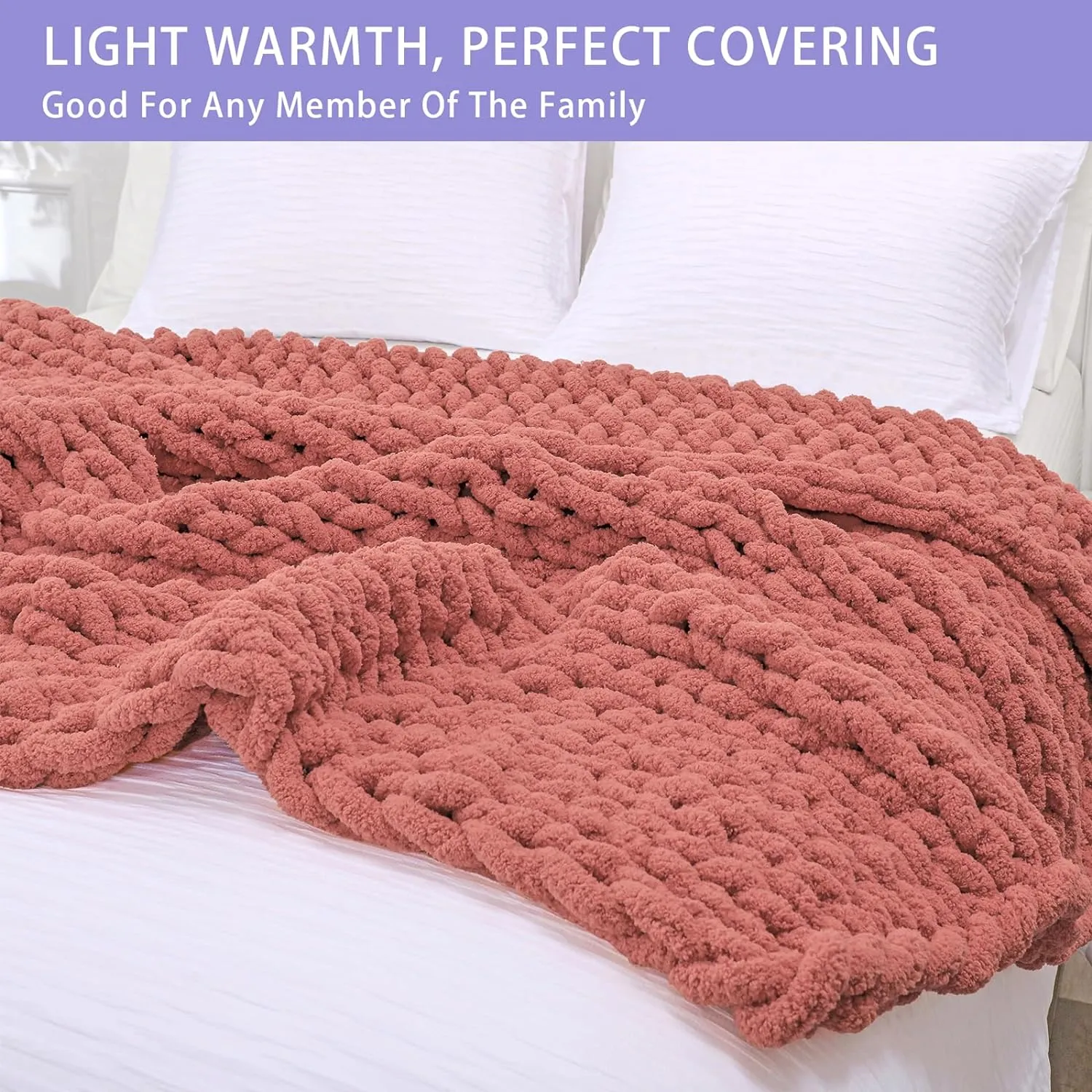 Bigacogo Chunky Knit Throw Blanket for Couch, 40x60 inches, 100% Hand Knitted with Thick Jumbo Chenille Yarn, Cozy Soft Large Rope Knot Cable Crochet Blankets for Sofa Bed Living Room, Antique Red