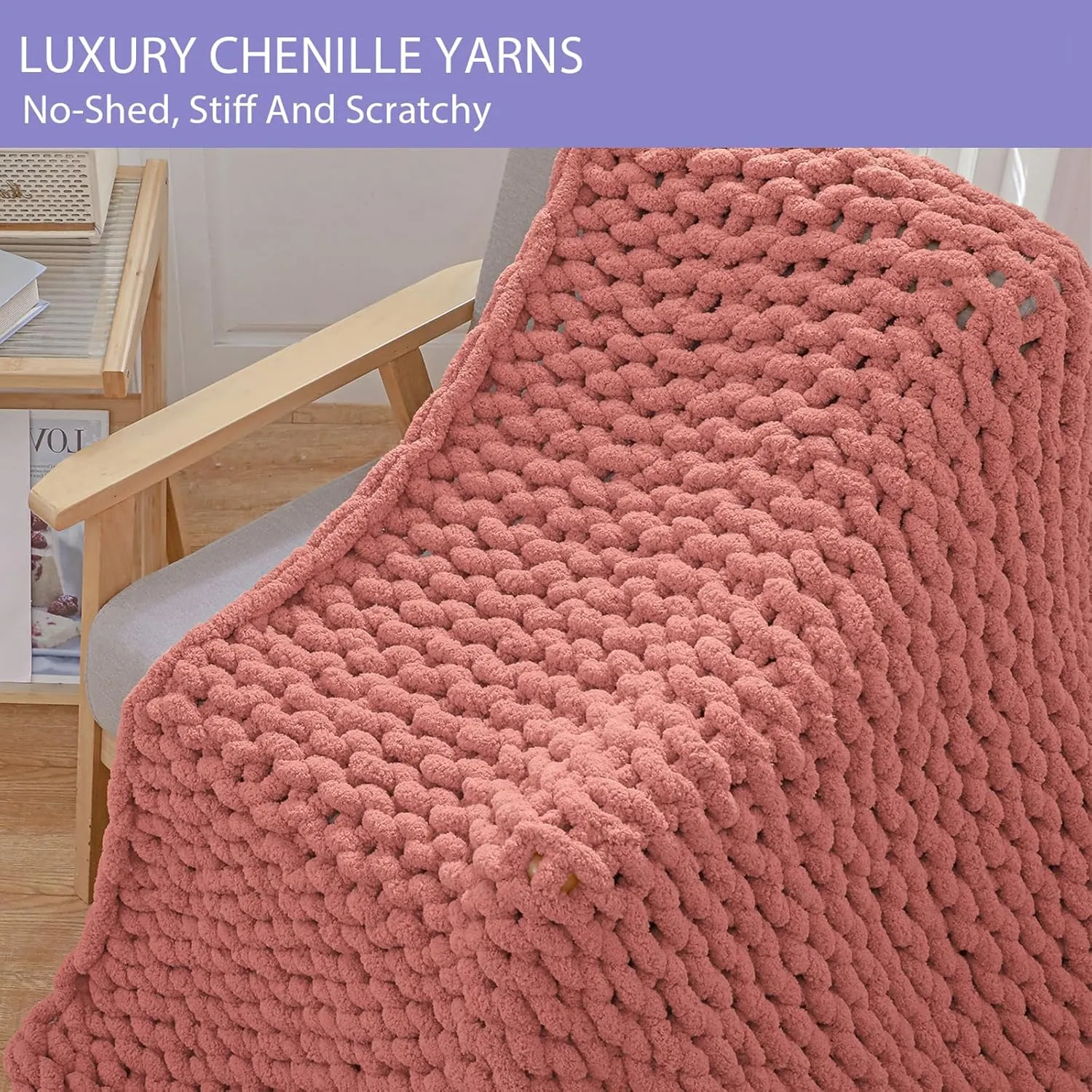 Bigacogo Chunky Knit Throw Blanket for Couch, 40x60 inches, 100% Hand Knitted with Thick Jumbo Chenille Yarn, Cozy Soft Large Rope Knot Cable Crochet Blankets for Sofa Bed Living Room, Antique Red