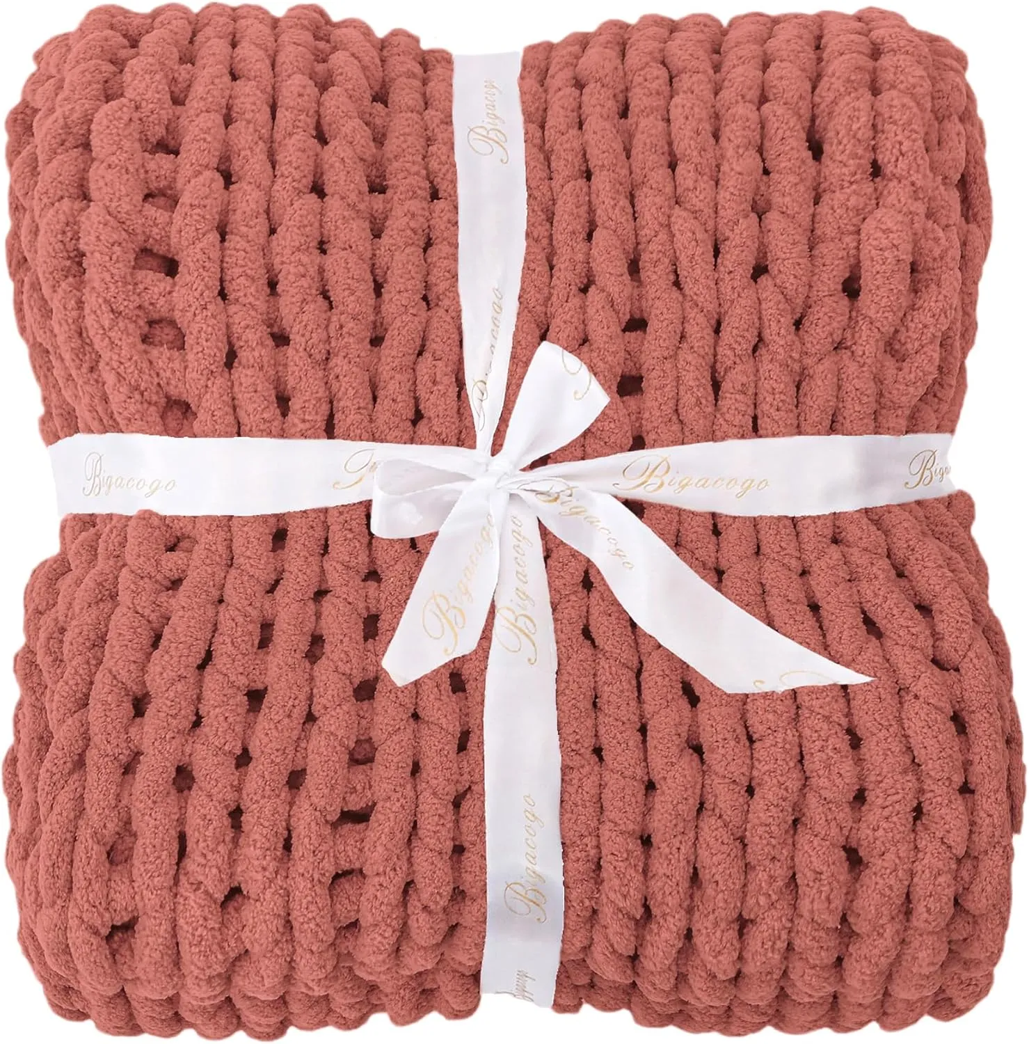 Bigacogo Chunky Knit Throw Blanket for Couch, 40x60 inches, 100% Hand Knitted with Thick Jumbo Chenille Yarn, Cozy Soft Large Rope Knot Cable Crochet Blankets for Sofa Bed Living Room, Antique Red