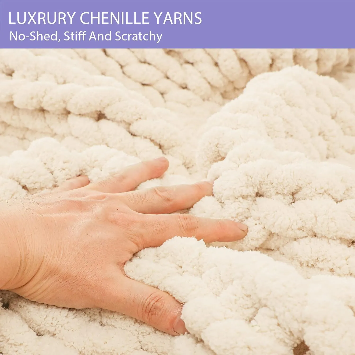 Bigacogo Chunky Knit Throw Blanket for Couch, 40x60 inches, 100% Hand Knitted with Thick Jumbo Chenille Yarn, Cozy Soft Large Rope Knot Cable Crochet Blankets for Sofa Bed Living Room, Beige