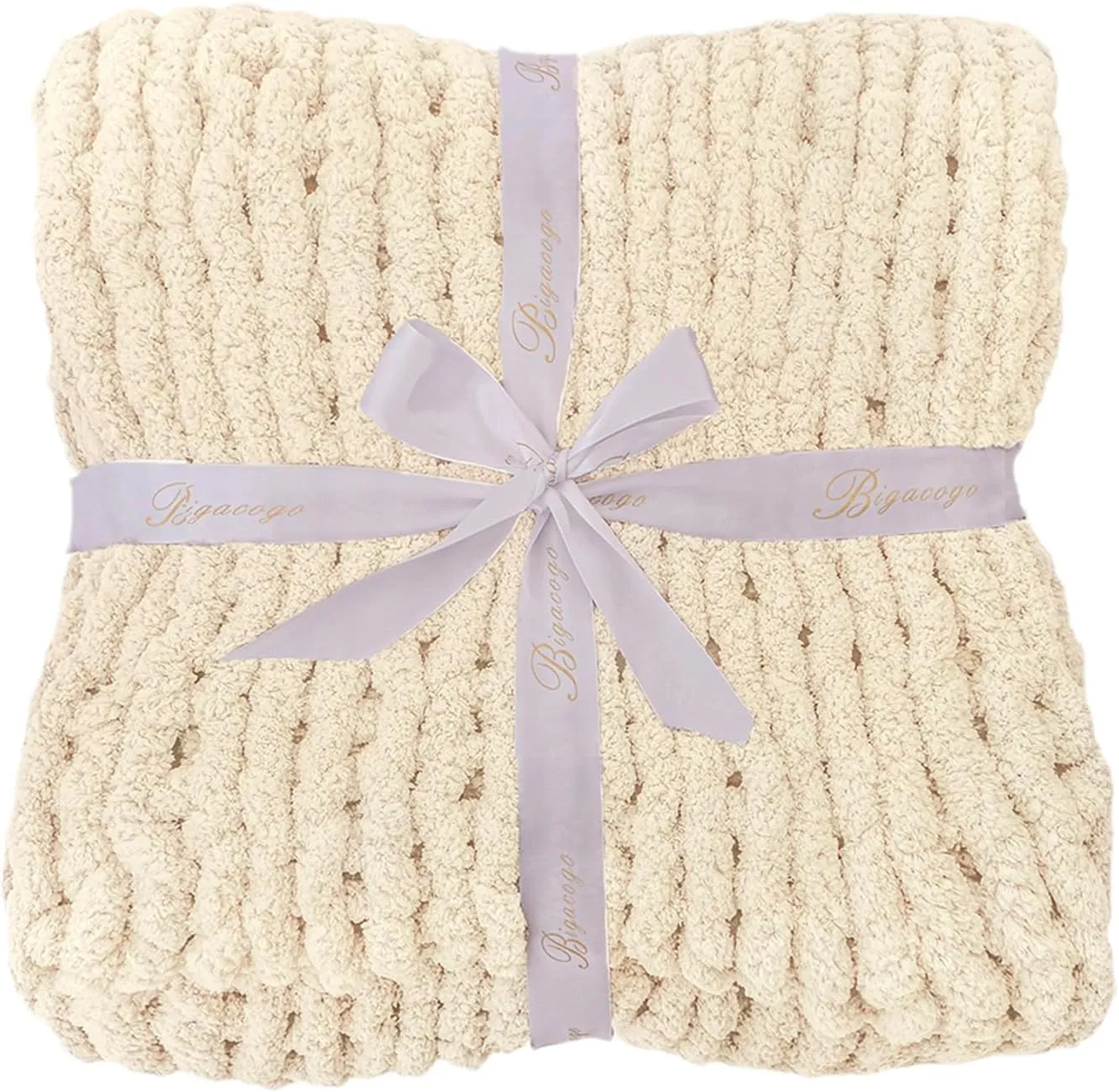 Bigacogo Chunky Knit Throw Blanket for Couch, 40x60 inches, 100% Hand Knitted with Thick Jumbo Chenille Yarn, Cozy Soft Large Rope Knot Cable Crochet Blankets for Sofa Bed Living Room, Beige