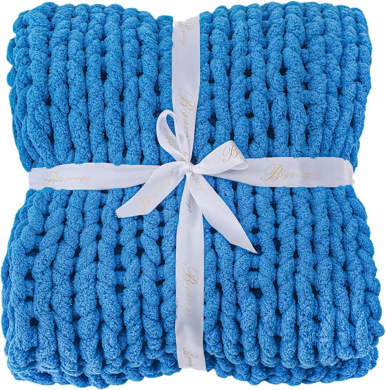 Bigacogo Chunky Knit Throw Blanket for Couch, 40x60 inches, 100% Hand Knitted with Thick Jumbo Chenille Yarn, Cozy Soft Large Rope Knot Cable Crochet Blankets for Sofa Bed Living Room, Bright Blue