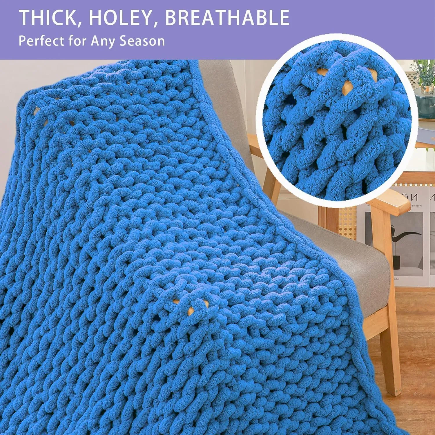 Bigacogo Chunky Knit Throw Blanket for Couch, 40x60 inches, 100% Hand Knitted with Thick Jumbo Chenille Yarn, Cozy Soft Large Rope Knot Cable Crochet Blankets for Sofa Bed Living Room, Bright Blue