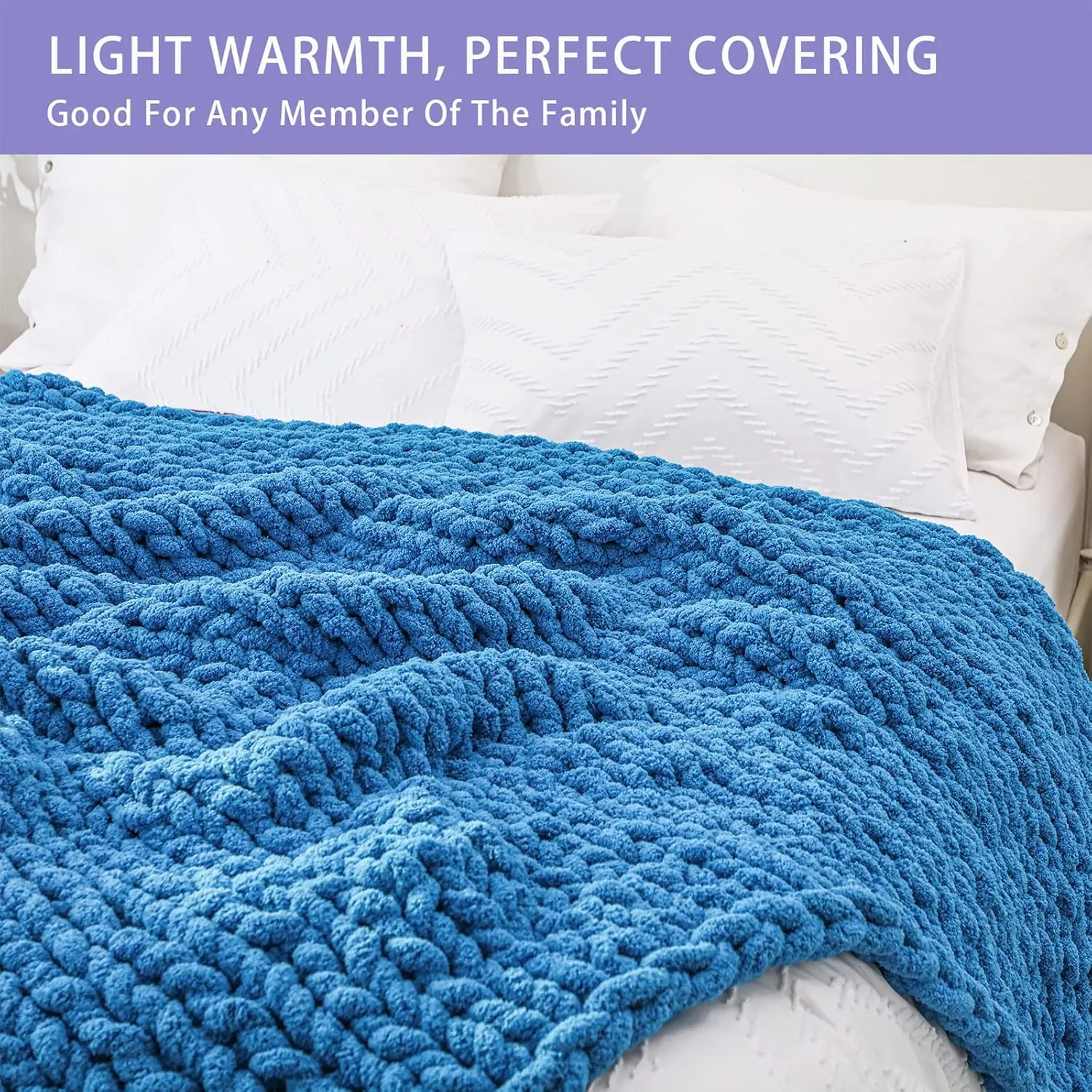 Bigacogo Chunky Knit Throw Blanket for Couch, 40x60 inches, 100% Hand Knitted with Thick Jumbo Chenille Yarn, Cozy Soft Large Rope Knot Cable Crochet Blankets for Sofa Bed Living Room, Bright Blue