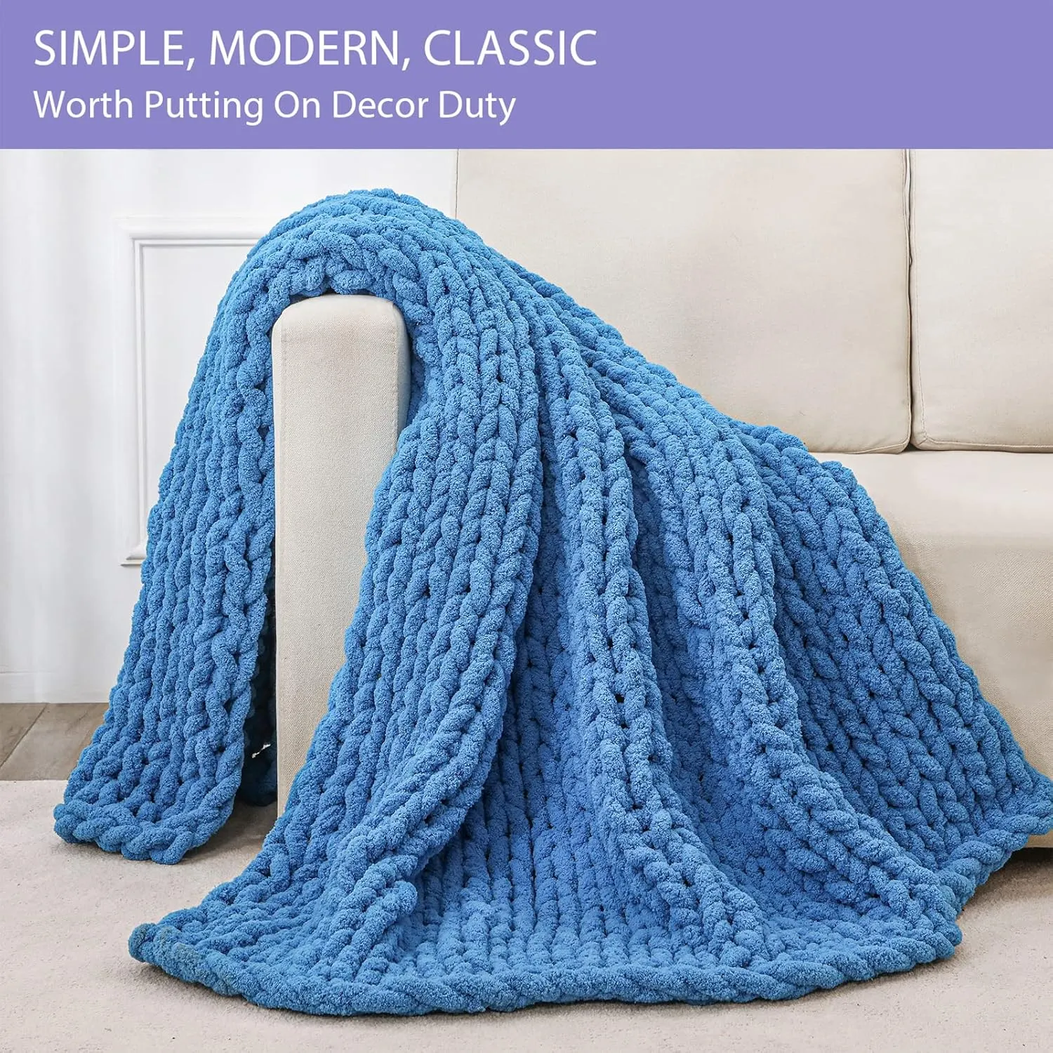 Bigacogo Chunky Knit Throw Blanket for Couch, 40x60 inches, 100% Hand Knitted with Thick Jumbo Chenille Yarn, Cozy Soft Large Rope Knot Cable Crochet Blankets for Sofa Bed Living Room, Bright Blue