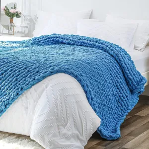 Bigacogo Chunky Knit Throw Blanket for Couch, 40x60 inches, 100% Hand Knitted with Thick Jumbo Chenille Yarn, Cozy Soft Large Rope Knot Cable Crochet Blankets for Sofa Bed Living Room, Bright Blue