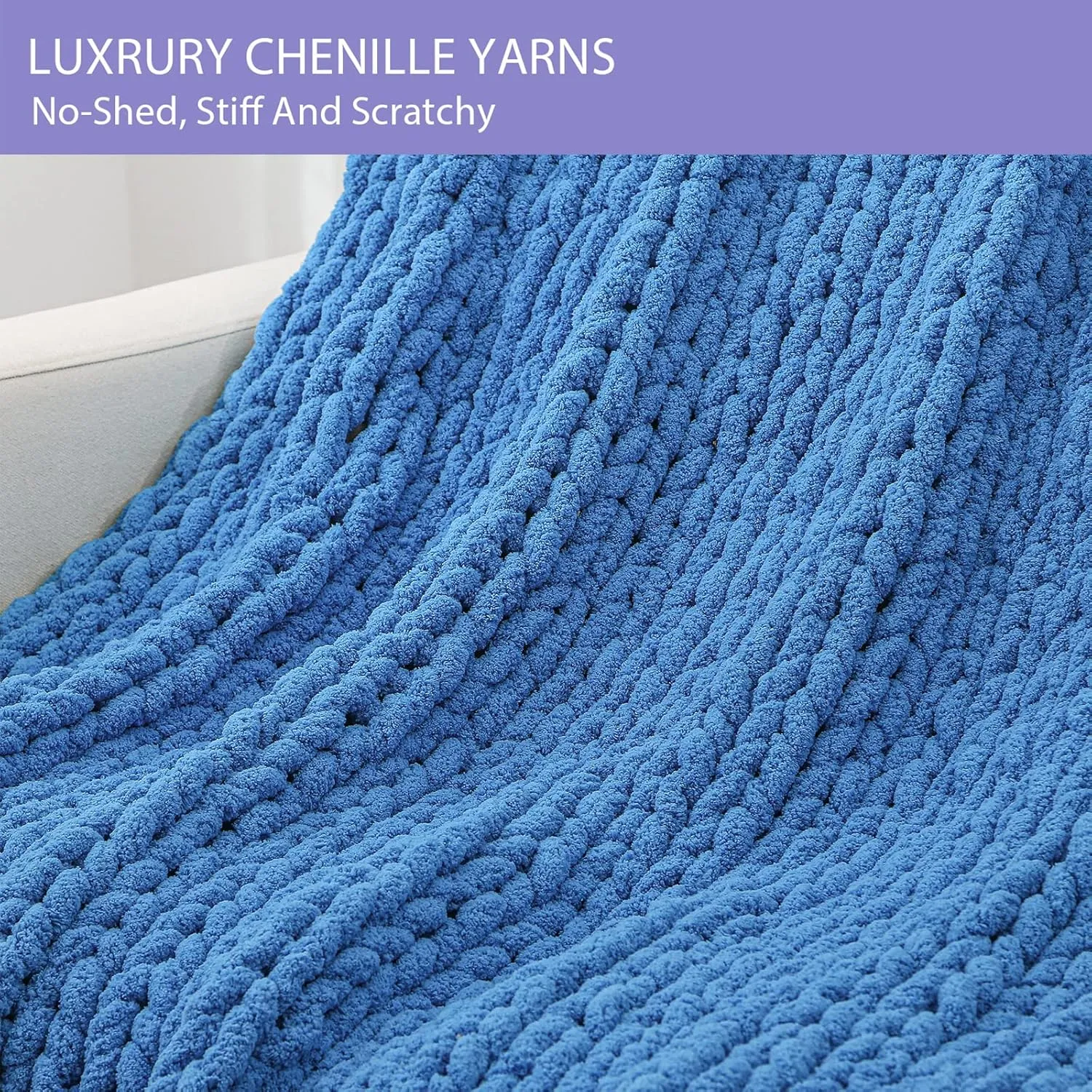 Bigacogo Chunky Knit Throw Blanket for Couch, 40x60 inches, 100% Hand Knitted with Thick Jumbo Chenille Yarn, Cozy Soft Large Rope Knot Cable Crochet Blankets for Sofa Bed Living Room, Bright Blue