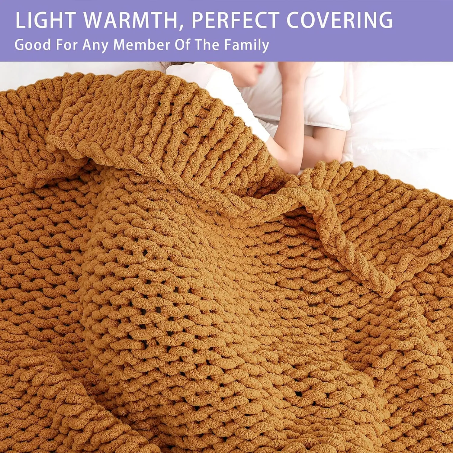 Bigacogo Chunky Knit Throw Blanket for Couch, 40x60 inches, 100% Hand Knitted with Thick Jumbo Chenille Yarn, Cozy Soft Large Rope Knot Cable Crochet Blankets for Sofa Bed Living Room, Burnt Orange