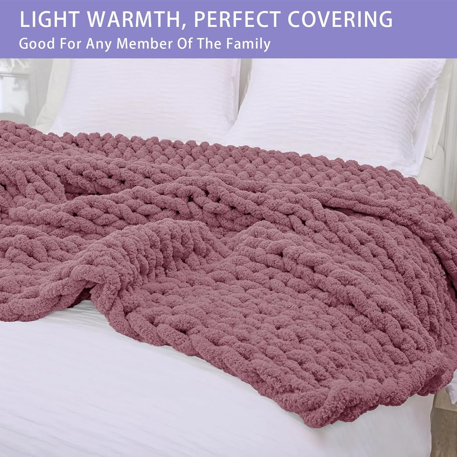 Bigacogo Chunky Knit Throw Blanket for Couch, 40x60 inches, 100% Hand Knitted with Thick Jumbo Chenille Yarn, Cozy Soft Large Rope Knot Cable Crochet Blankets for Sofa Bed Living Room, Burnt Rose