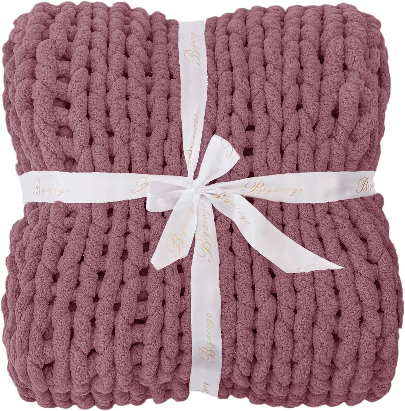Bigacogo Chunky Knit Throw Blanket for Couch, 40x60 inches, 100% Hand Knitted with Thick Jumbo Chenille Yarn, Cozy Soft Large Rope Knot Cable Crochet Blankets for Sofa Bed Living Room, Burnt Rose