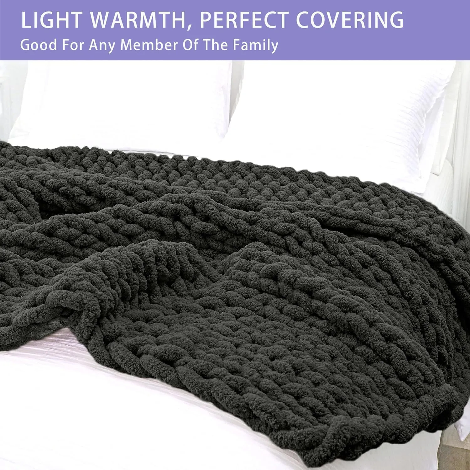 Bigacogo Chunky Knit Throw Blanket for Couch, 80x90 inches, 100% Hand Knitted with Thick Jumbo Chenille Yarn, Cozy Soft Large Rope Knot Cable Crochet Blankets for Sofa Bed Living Room, Dark Grey