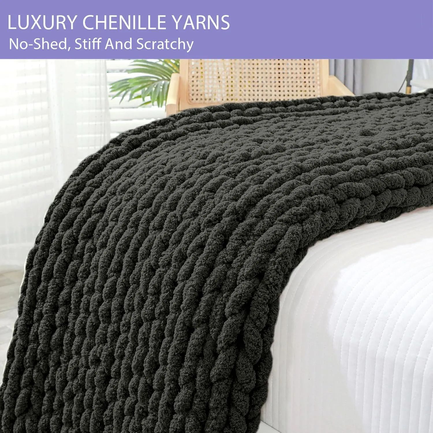 Bigacogo Chunky Knit Throw Blanket for Couch, 80x90 inches, 100% Hand Knitted with Thick Jumbo Chenille Yarn, Cozy Soft Large Rope Knot Cable Crochet Blankets for Sofa Bed Living Room, Dark Grey