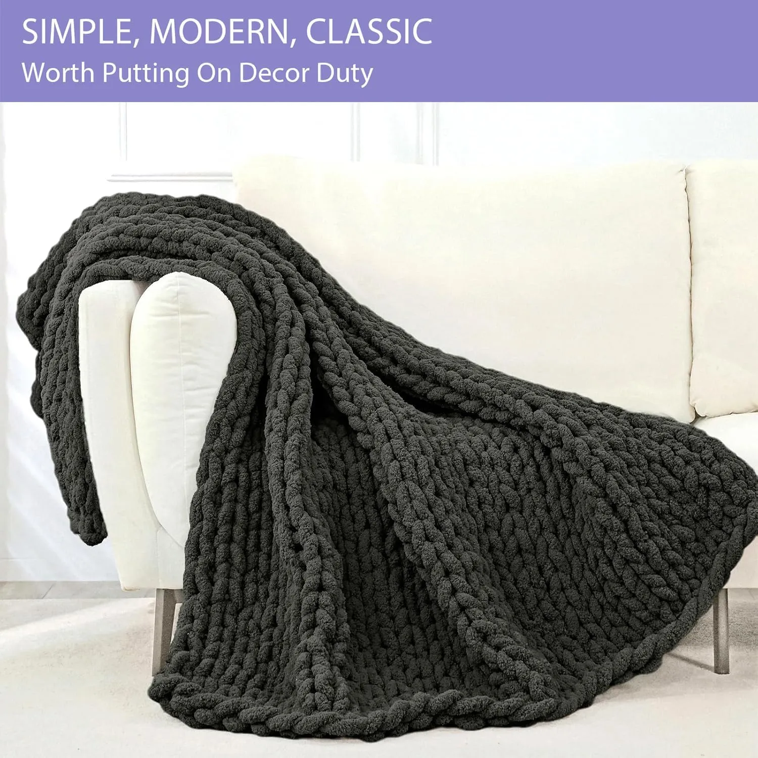 Bigacogo Chunky Knit Throw Blanket for Couch, 80x90 inches, 100% Hand Knitted with Thick Jumbo Chenille Yarn, Cozy Soft Large Rope Knot Cable Crochet Blankets for Sofa Bed Living Room, Dark Grey