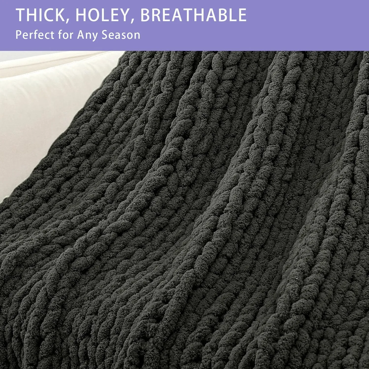 Bigacogo Chunky Knit Throw Blanket for Couch, 80x90 inches, 100% Hand Knitted with Thick Jumbo Chenille Yarn, Cozy Soft Large Rope Knot Cable Crochet Blankets for Sofa Bed Living Room, Dark Grey