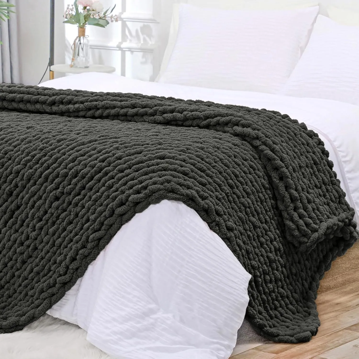Bigacogo Chunky Knit Throw Blanket for Couch, 80x90 inches, 100% Hand Knitted with Thick Jumbo Chenille Yarn, Cozy Soft Large Rope Knot Cable Crochet Blankets for Sofa Bed Living Room, Dark Grey