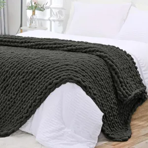 Bigacogo Chunky Knit Throw Blanket for Couch, 80x90 inches, 100% Hand Knitted with Thick Jumbo Chenille Yarn, Cozy Soft Large Rope Knot Cable Crochet Blankets for Sofa Bed Living Room, Dark Grey