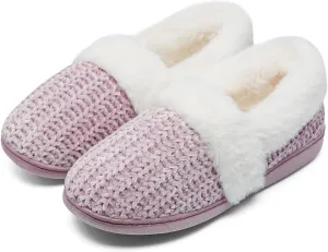 Bigwow Women's Fuzzy Slippers with Memory Foam Chenille Knit Slip On Plush Lined Closed Back-Heel House Slipper Warm Cozy Indoor Outdoor Shoes