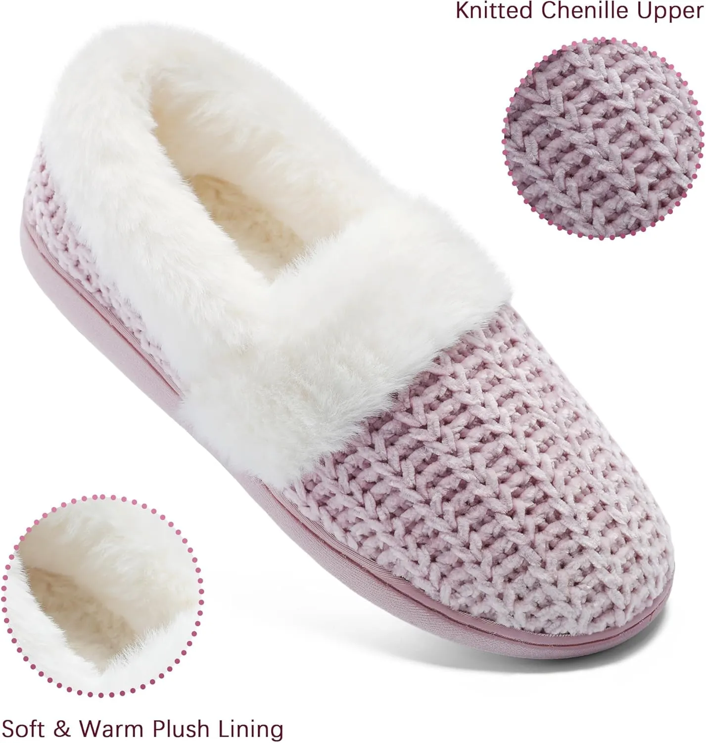 Bigwow Women's Fuzzy Slippers with Memory Foam Chenille Knit Slip On Plush Lined Closed Back-Heel House Slipper Warm Cozy Indoor Outdoor Shoes