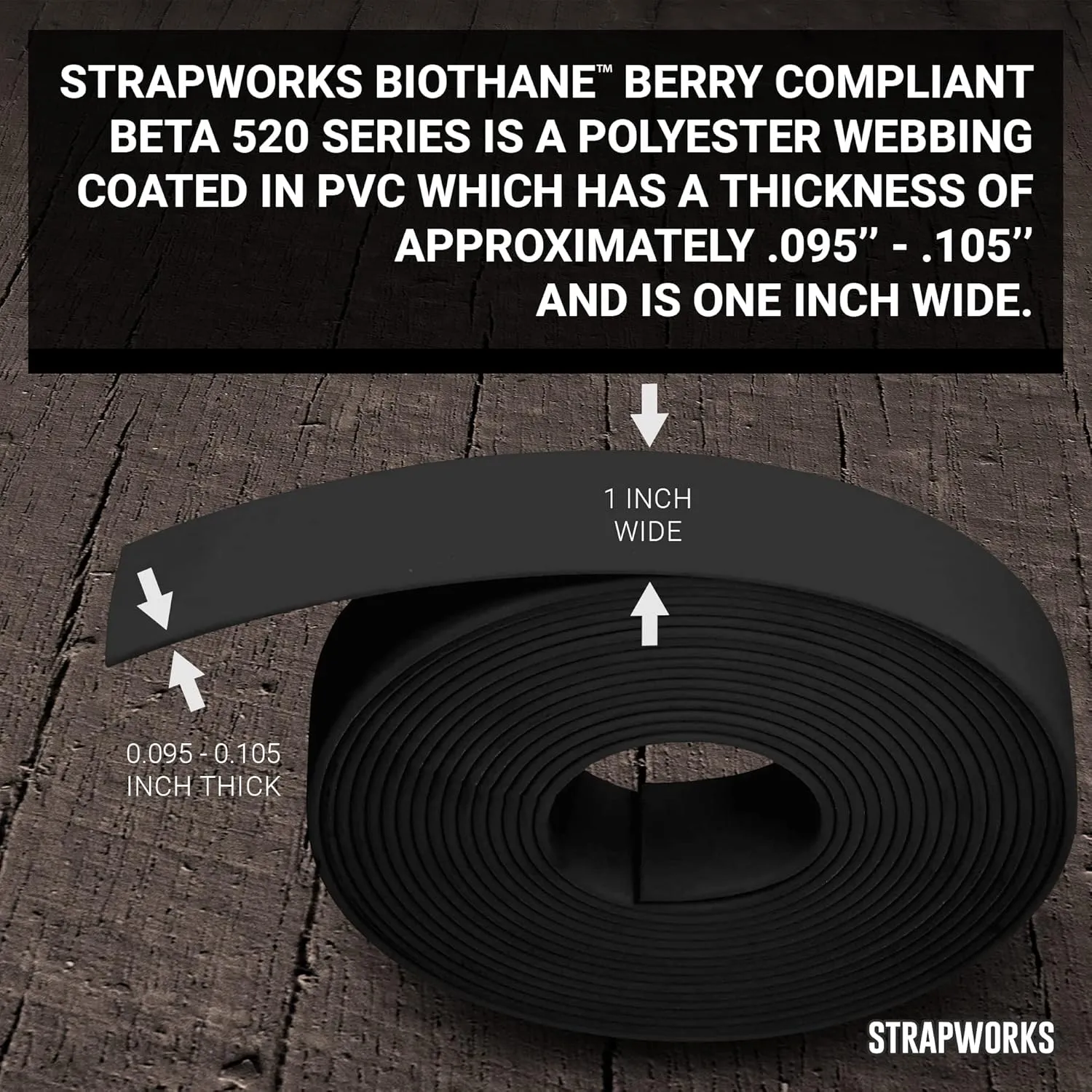 BioThane Beta Series Coated Webbing, 1 Inch x 100 Feet, Black