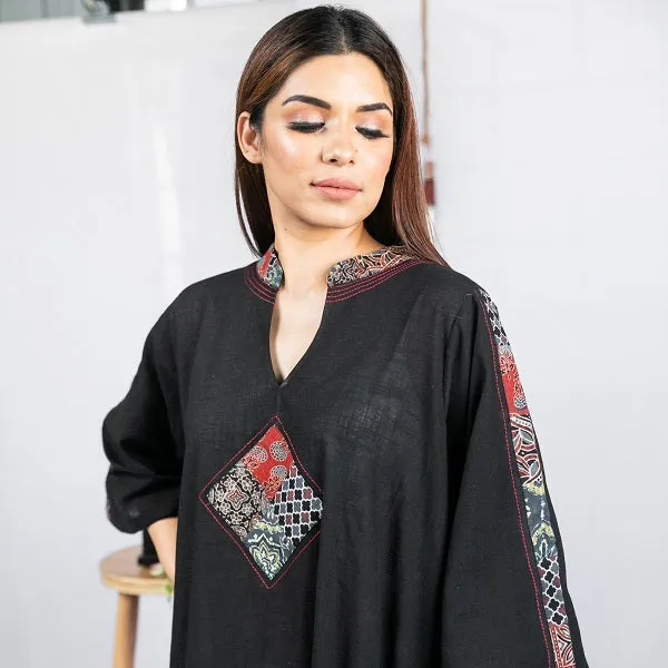 Black Ajrakh Patchwork Kaftan Style Nighty