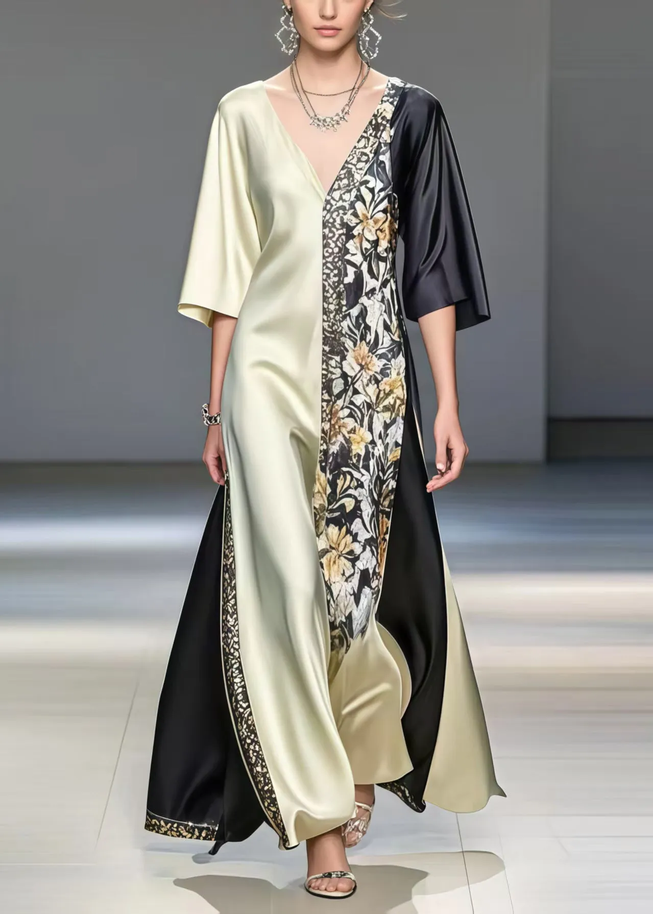 Black Patchwork Silk Long Dresses Asymmetrical Print Summer