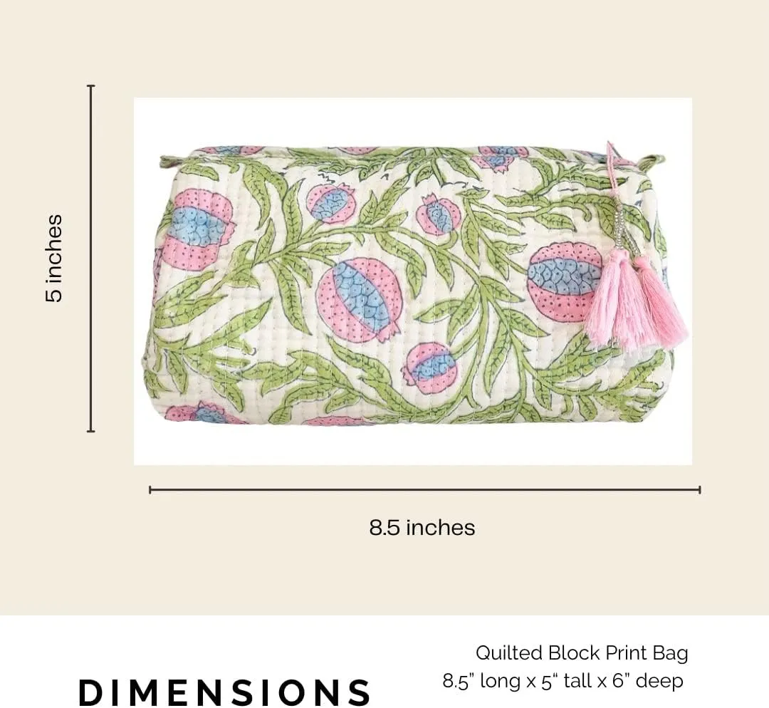 Block Print Designer Toiletry Bag & Makeup Case - Boho Floral Quilted Pouch for Cosmetics