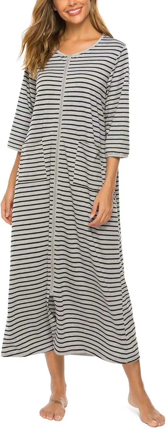 Bloggerlove Zipper Front Robes for Women House Coat Half Sleeve Loungewear Long Nightgown with Pockets S-3XL