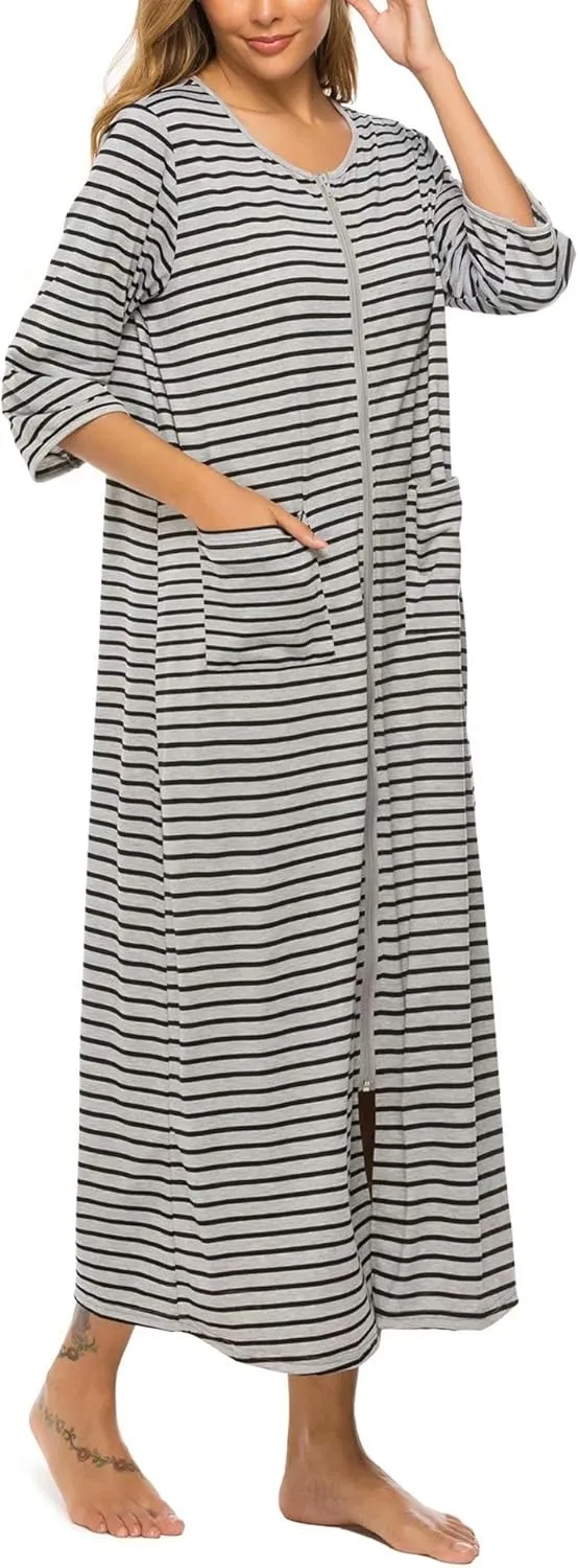 Bloggerlove Zipper Front Robes for Women House Coat Half Sleeve Loungewear Long Nightgown with Pockets S-3XL