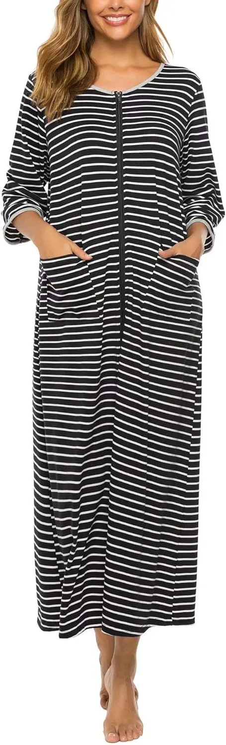 Bloggerlove Zipper Front Robes for Women House Coat Half Sleeve Loungewear Long Nightgown with Pockets S-3XL