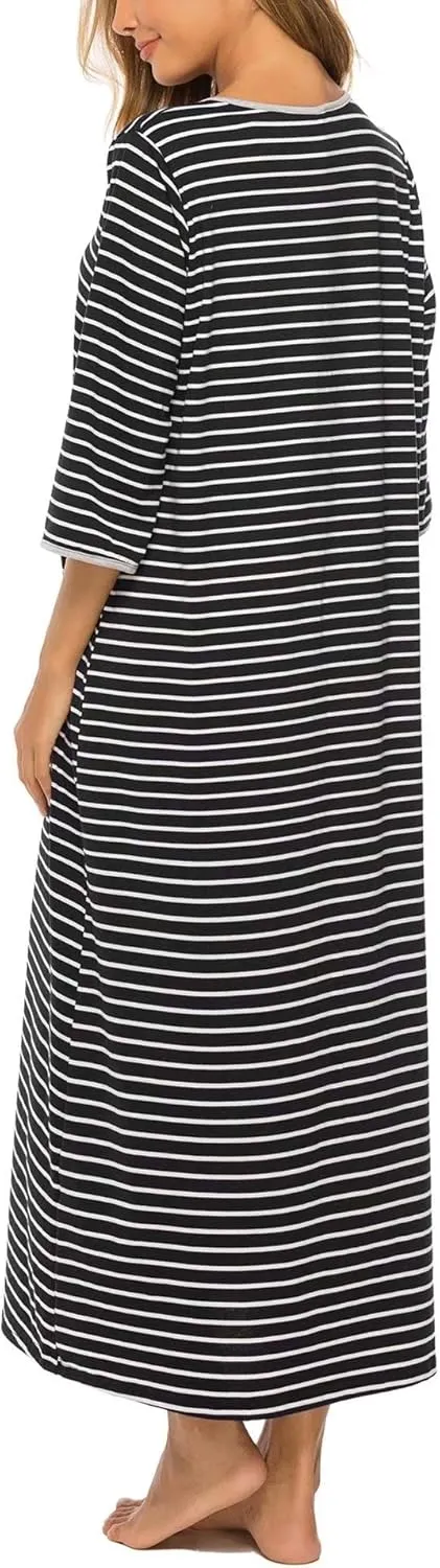 Bloggerlove Zipper Front Robes for Women House Coat Half Sleeve Loungewear Long Nightgown with Pockets S-3XL