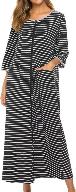 Bloggerlove Zipper Front Robes for Women House Coat Half Sleeve Loungewear Long Nightgown with Pockets S-3XL