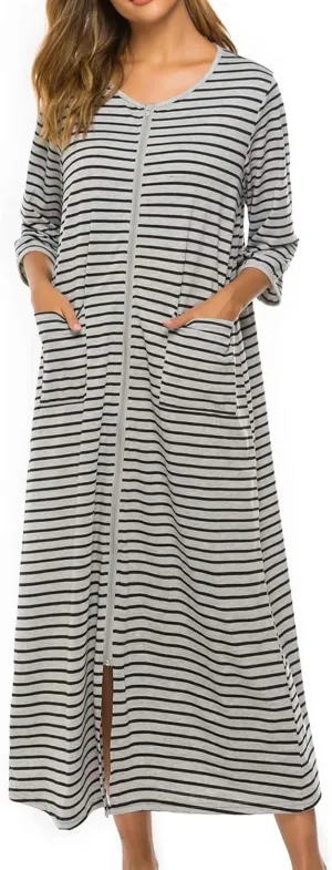 Bloggerlove Zipper Front Robes for Women House Coat Half Sleeve Loungewear Long Nightgown with Pockets S-3XL