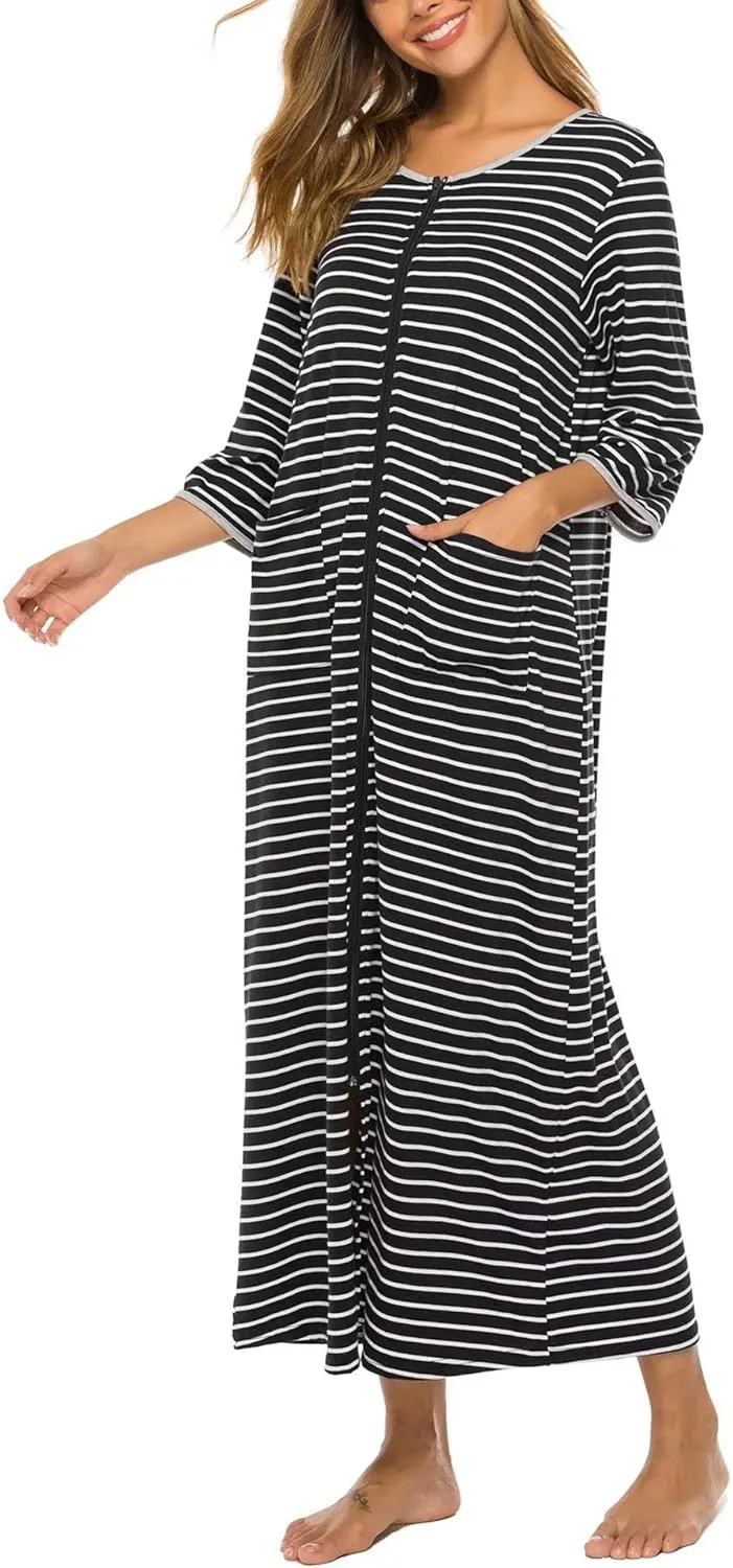 Bloggerlove Zipper Front Robes for Women House Coat Half Sleeve Loungewear Long Nightgown with Pockets S-3XL