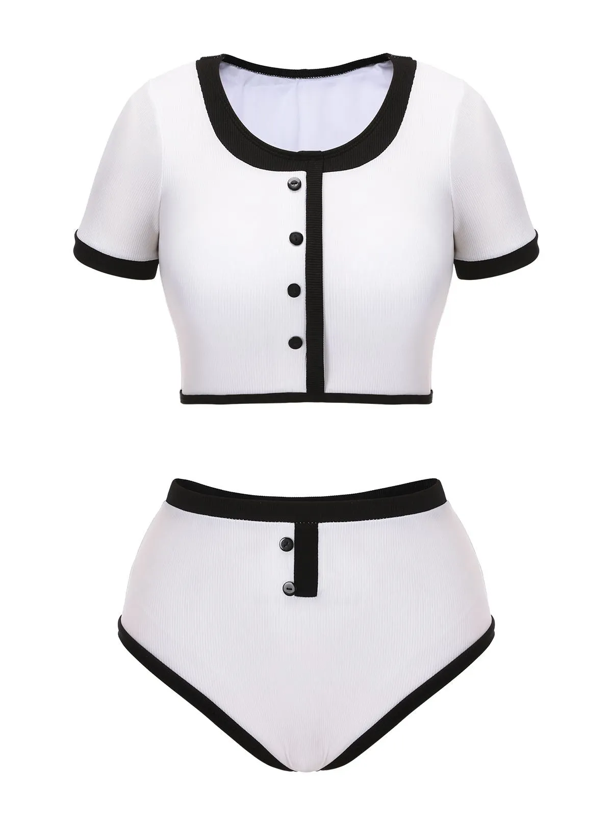 Blue 1940s Patchwork Buttoned Swimsuit