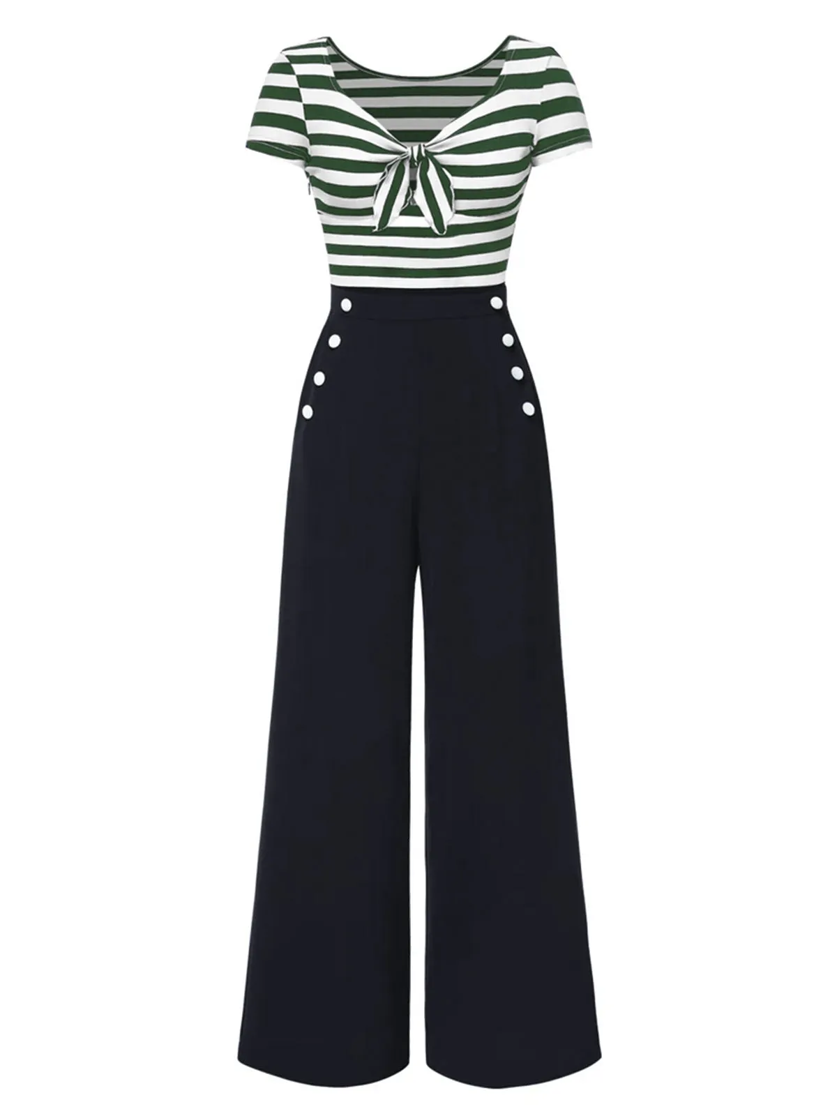Blue 1950s Hollow Bow Stripe Patchwork Jumpsuit