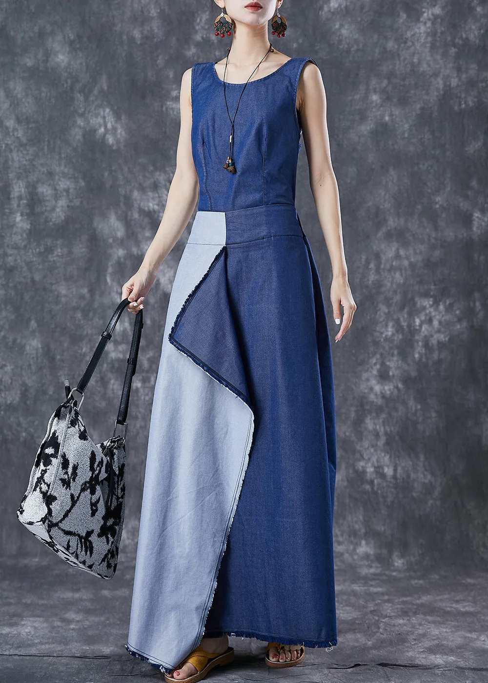 Blue Asymmetrical Patchwork Backless Denim Dress