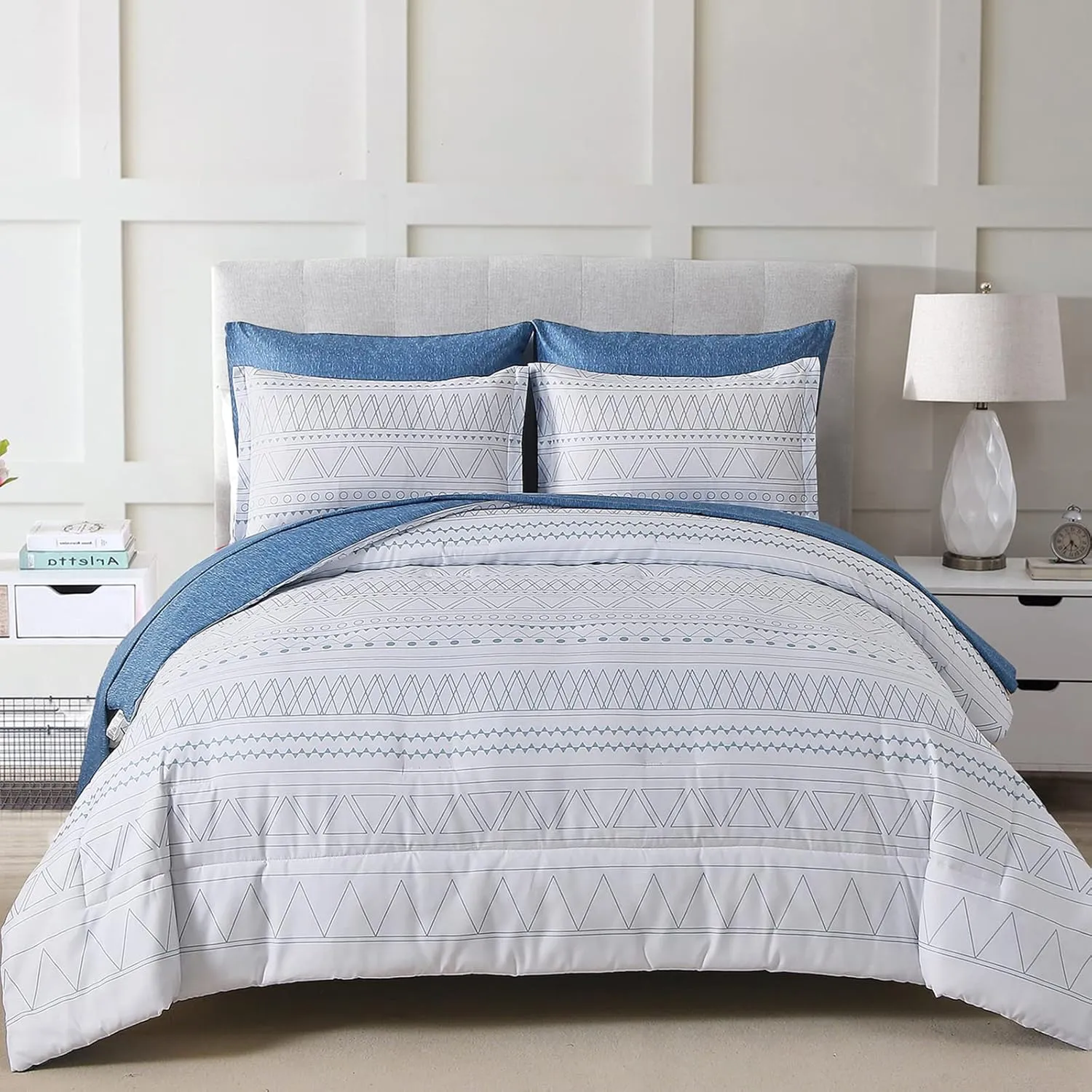 Blue Boho Bed in a Bag King,7 Pieces Navy Comforter Set Queen Geometric Comforter Bedding Set Reversible Soft Microfiber King Size(1 Comforter,2 Pillowcases,1 Flat Sheet,1 Fitted Sheet,2 Pillow Shams)