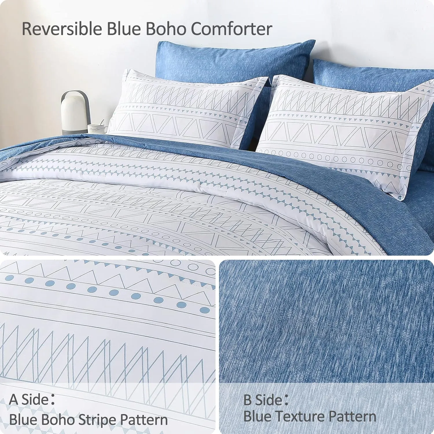 Blue Boho Bed in a Bag King,7 Pieces Navy Comforter Set Queen Geometric Comforter Bedding Set Reversible Soft Microfiber King Size(1 Comforter,2 Pillowcases,1 Flat Sheet,1 Fitted Sheet,2 Pillow Shams)