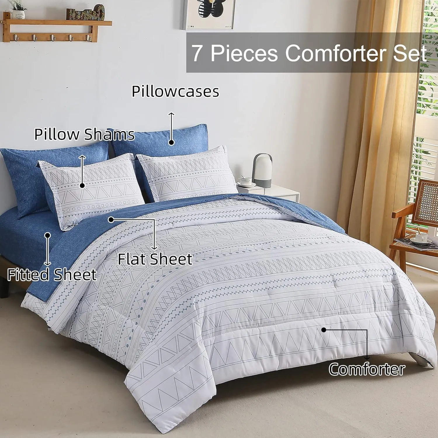 Blue Boho Bed in a Bag King,7 Pieces Navy Comforter Set Queen Geometric Comforter Bedding Set Reversible Soft Microfiber King Size(1 Comforter,2 Pillowcases,1 Flat Sheet,1 Fitted Sheet,2 Pillow Shams)