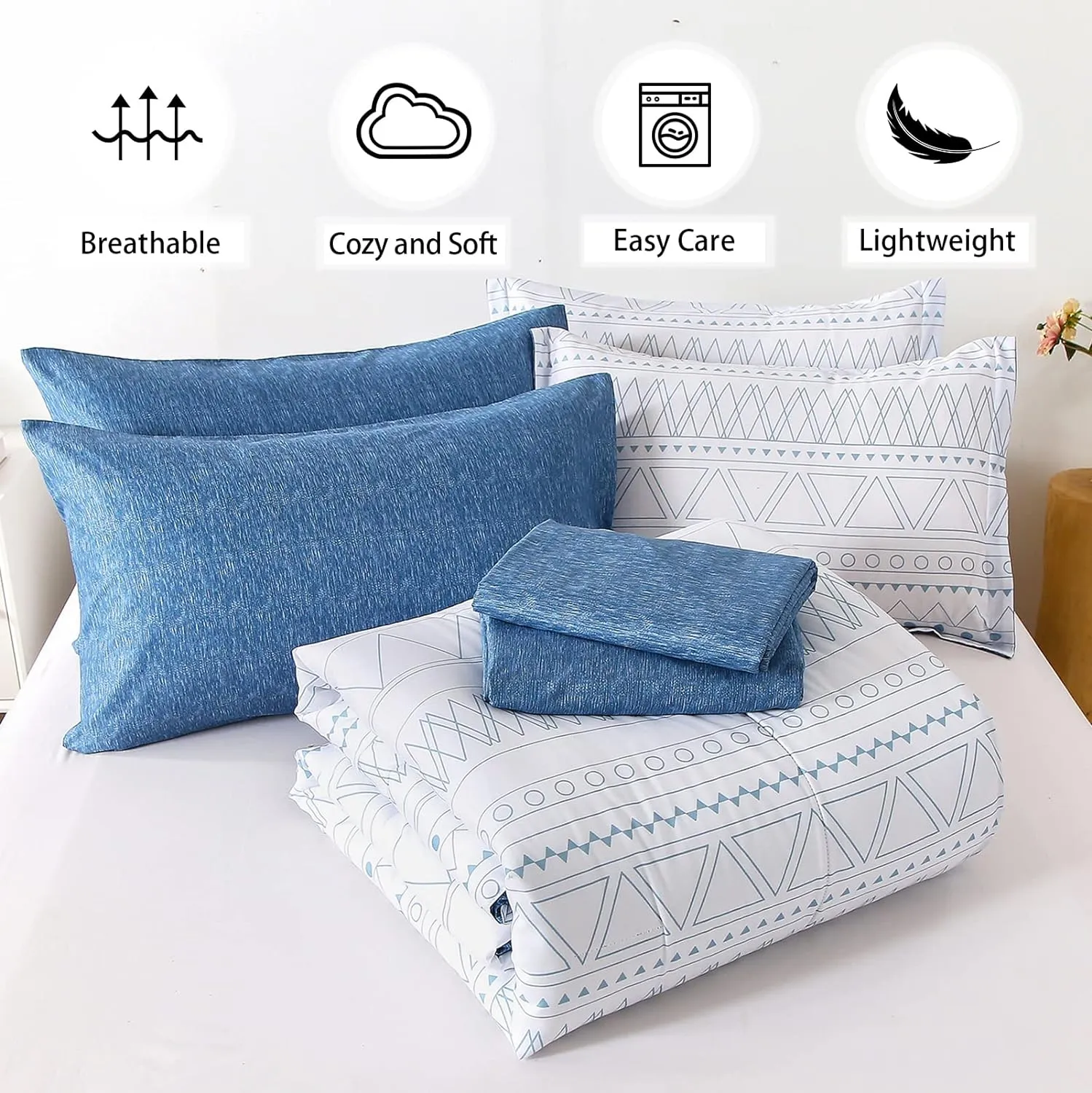Blue Boho Bed in a Bag King,7 Pieces Navy Comforter Set Queen Geometric Comforter Bedding Set Reversible Soft Microfiber King Size(1 Comforter,2 Pillowcases,1 Flat Sheet,1 Fitted Sheet,2 Pillow Shams)